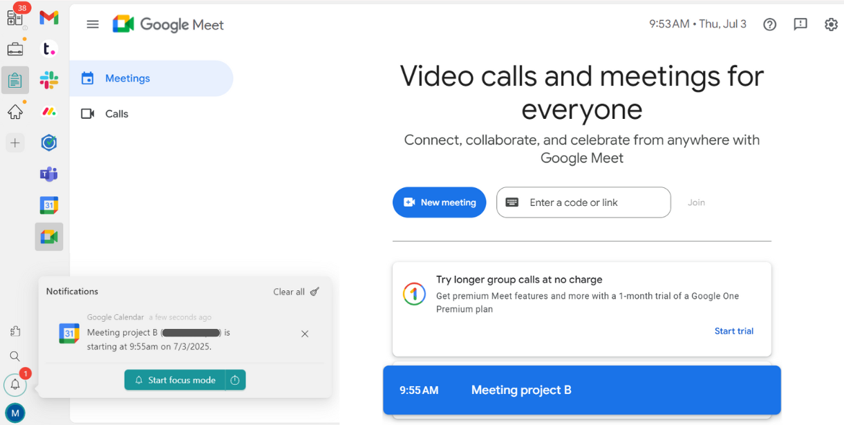 Google Meet notifications on Desktop Hub
